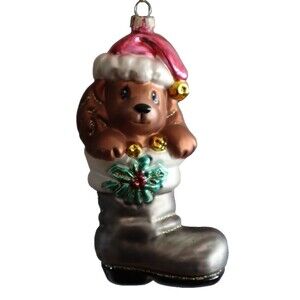 Precious Moments Puppy in a Boot Shoe 2006 Christmas Ornament Dog Santa Hat 5"
